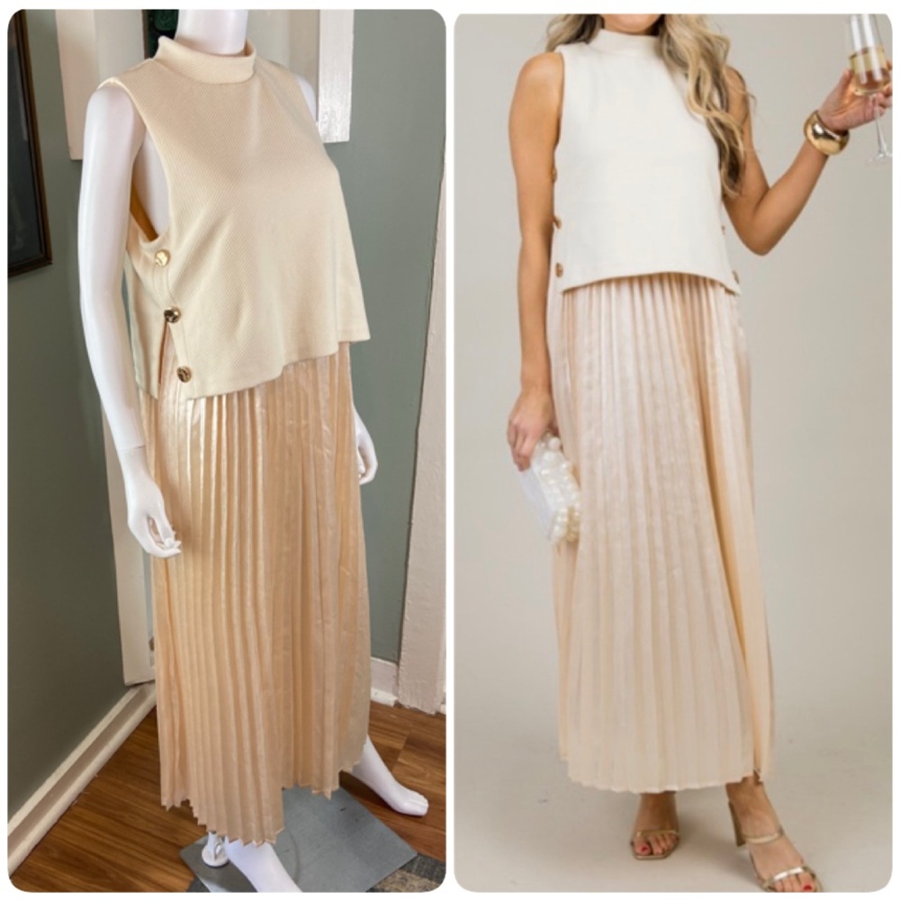 THML Cream Champagne Pleated Maxi/Midi Dress Sleeveless Layered Satin Large L